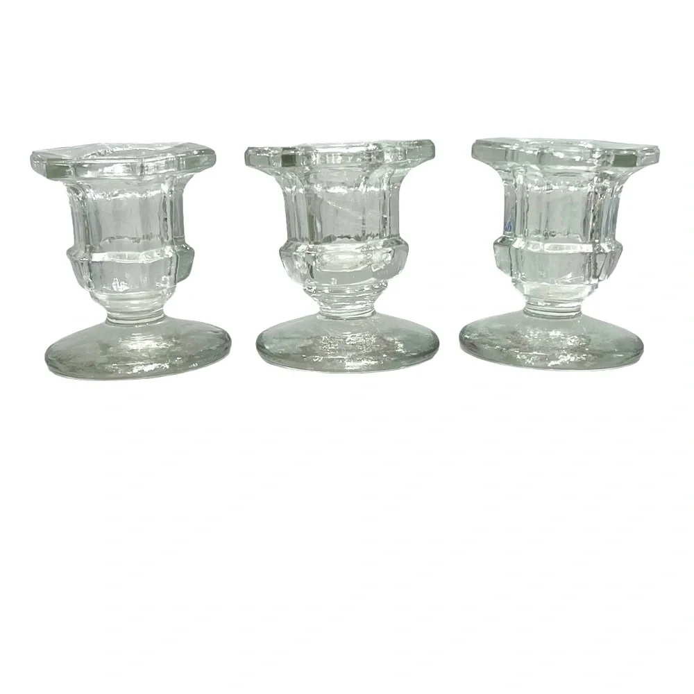 MOULDED/PRESSED CLEAR GLASS CANDLESTICKS - SET OF 3